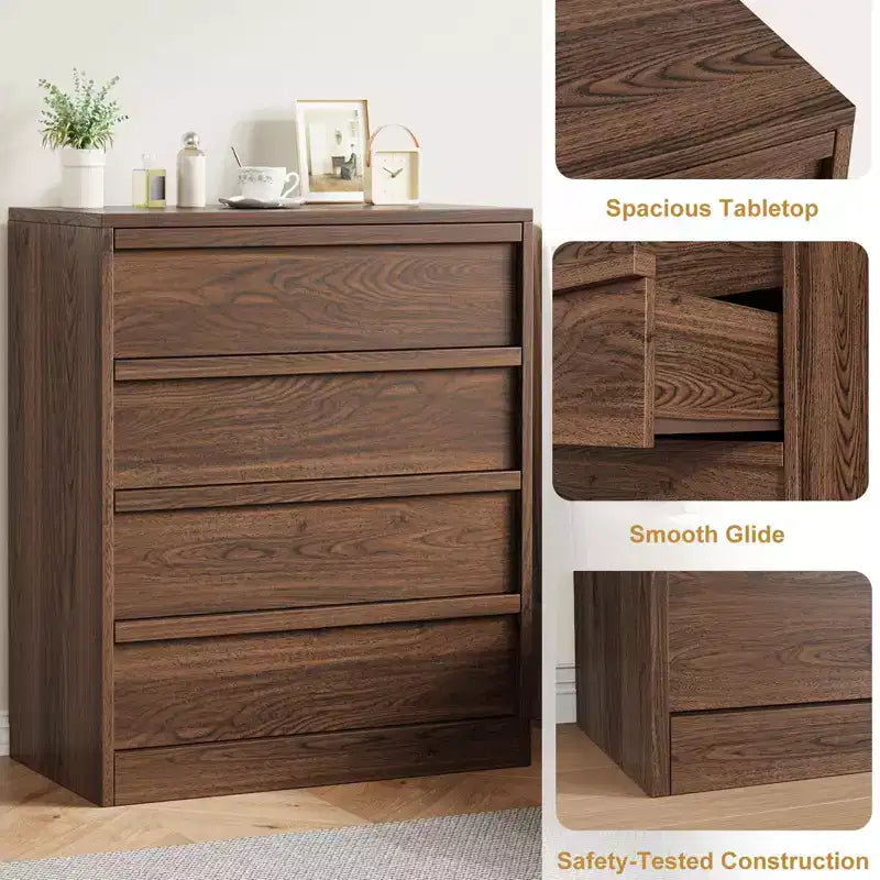 Comodino a 4 cassetti per camera da letto, tavolino piccolo da 99 cm con sicurezza antiribaltamento, cassettiera moderna con ampio spazio organizer per soggiorno