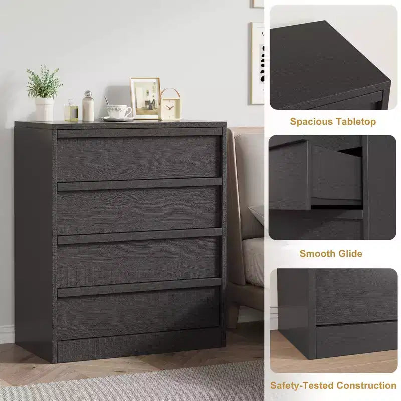 Comodino a 4 cassetti per camera da letto, tavolino piccolo da 99 cm con sicurezza antiribaltamento, cassettiera moderna con ampio spazio organizer per soggiorno