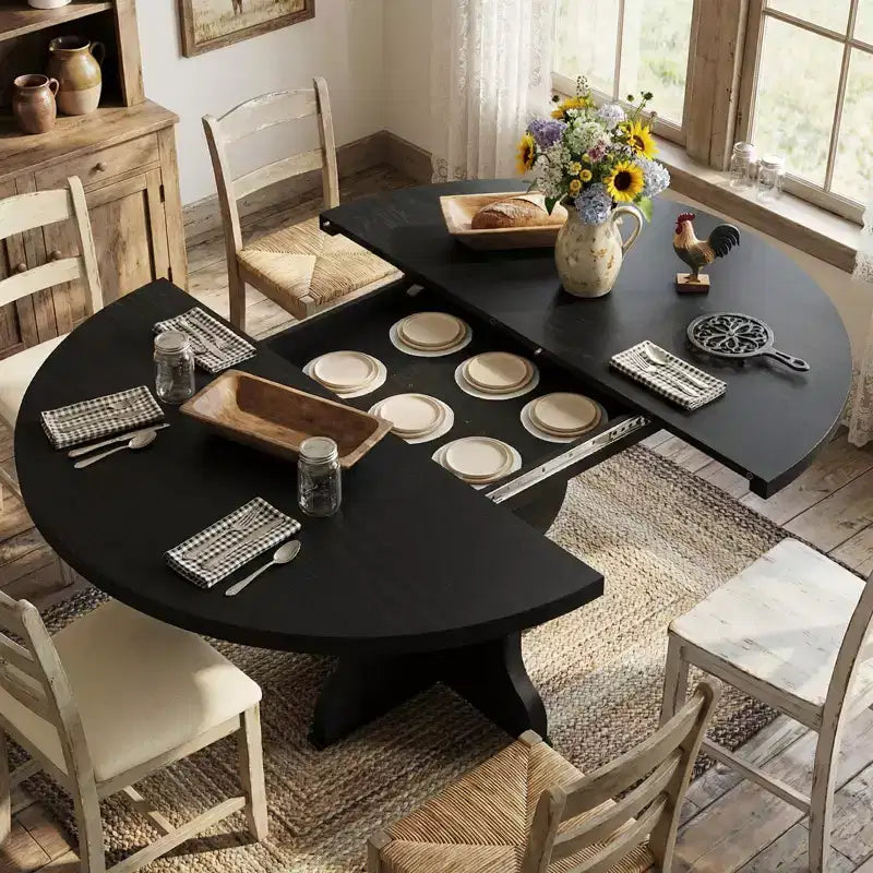 Tavolo da Pranzo Allungabile per Piccoli Spazi, Tavolo da Cucina Ovale Stile Rustico 47-63 con Prolunga Integrata e Struttura in Metallo per 4-8 Persone