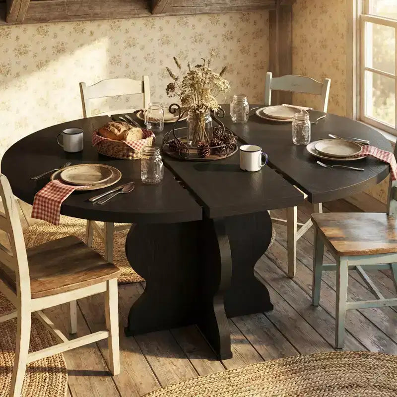 Extendable Dining Table for Small Spaces, 47-63 Farmhouse Oval Kitchen Table with Self-Storing Leaf and Metal Frame for 4-8 People