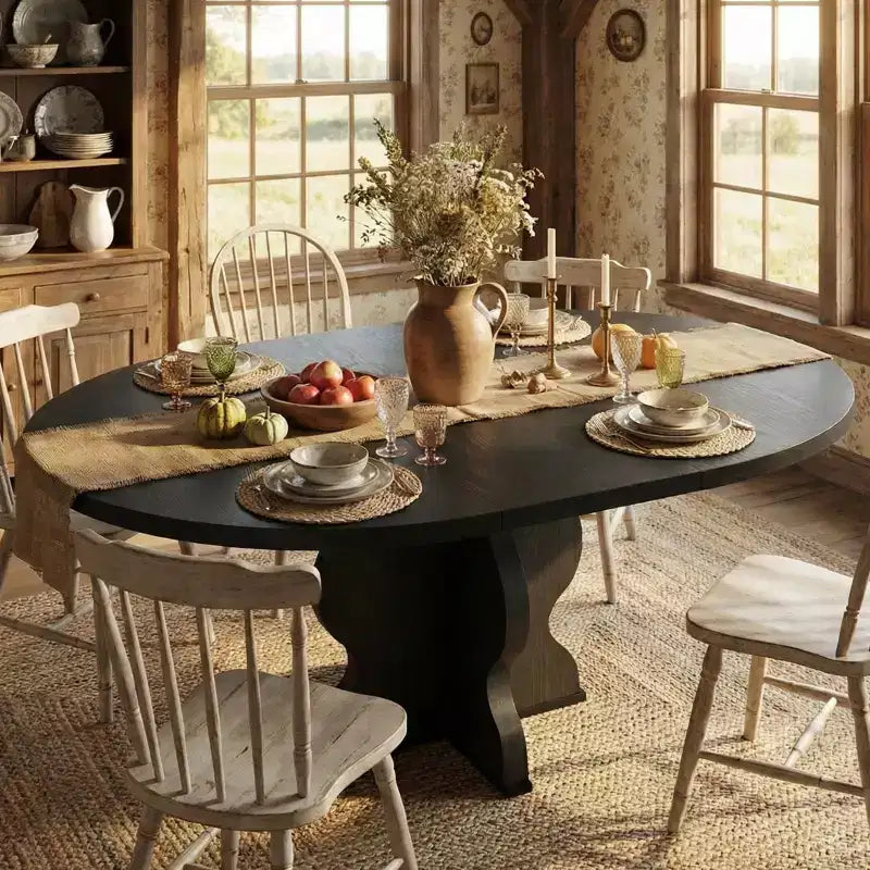 Tavolo da Pranzo Allungabile per Piccoli Spazi, Tavolo da Cucina Ovale Stile Rustico 47-63 con Prolunga Integrata e Struttura in Metallo per 4-8 Persone