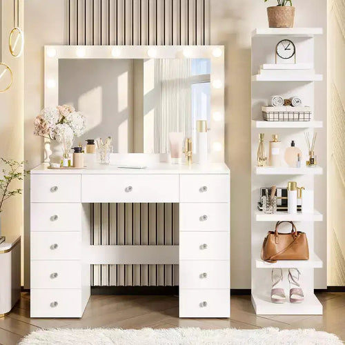 Whisen 2-in-1 Large Storage Makeup Vanity Desk, Dressing Table with Mirror, 11 Drawers, 7-Tier Storage Shelves - White
