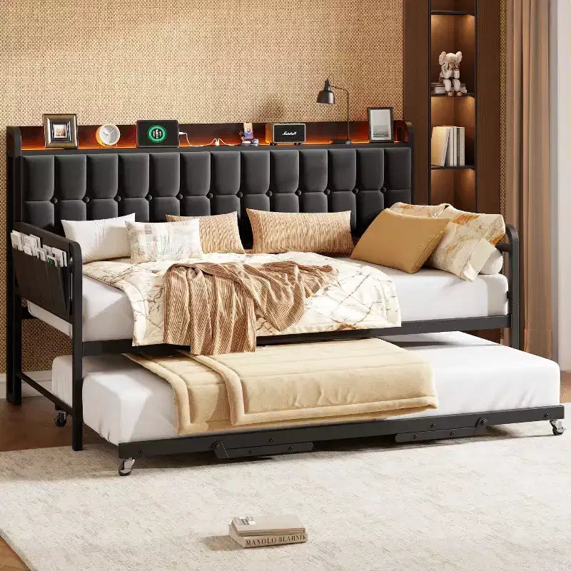 Letto ad angolo con stazione di ricarica e luci a LED, struttura letto singola con 2 cassetti portaoggetti e libreria, Bianco/Nero