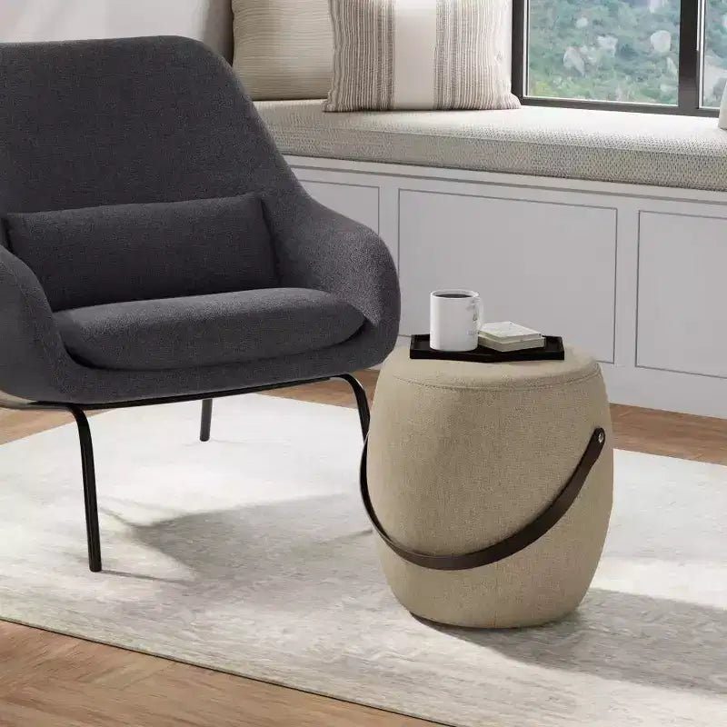 Pouf rotondo imbottito in lino, poggiapiedi, sgabello d'accento imbottito da 40 cm, portata 113 kg, nessun assemblaggio richiesto