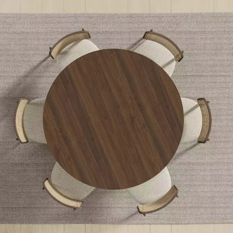 Tavolo da pranzo rotondo da 60" di metà secolo, in legno di caucciù, 6 posti, finitura noce, base a piedistallo