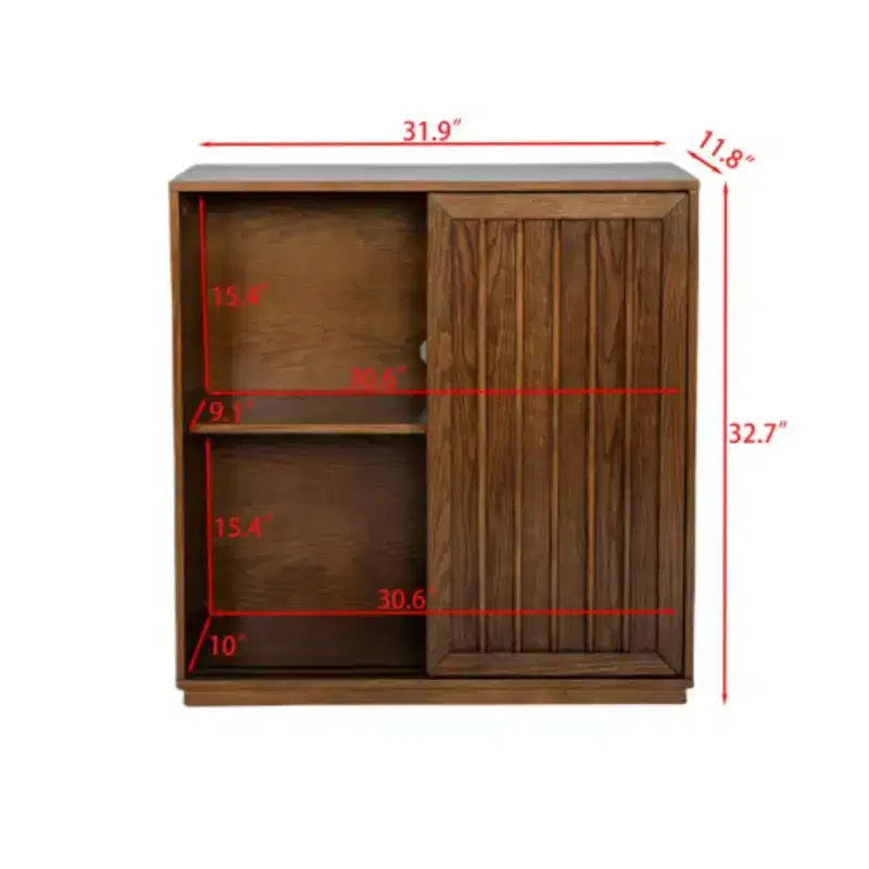 Credenza Mid-Century con 2 ante scorrevoli e strisce decorative in legno massello, mobile contenitore per soggiorno, cucina, sala da pranzo, ingresso, corridoio